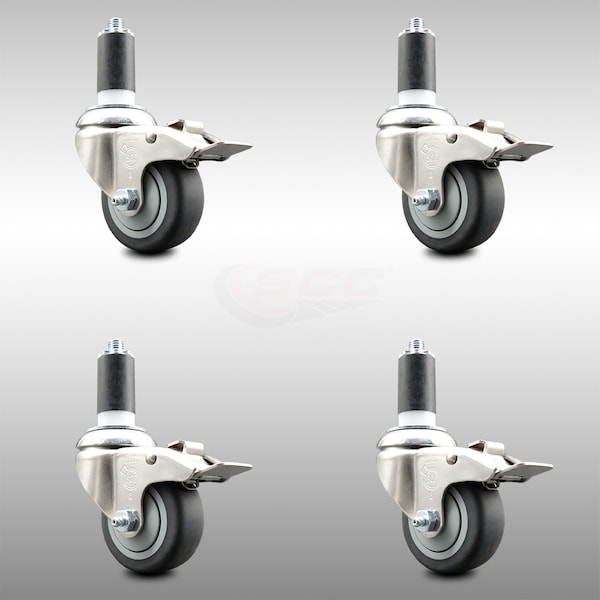 Service Caster 3 Inch 316SS Thermoplastic Rubber Swivel 1-3/8 Inch Stem Caster Set Lock Brake SCC-SS316TTLEX20S314-TPRB-138-4 - main